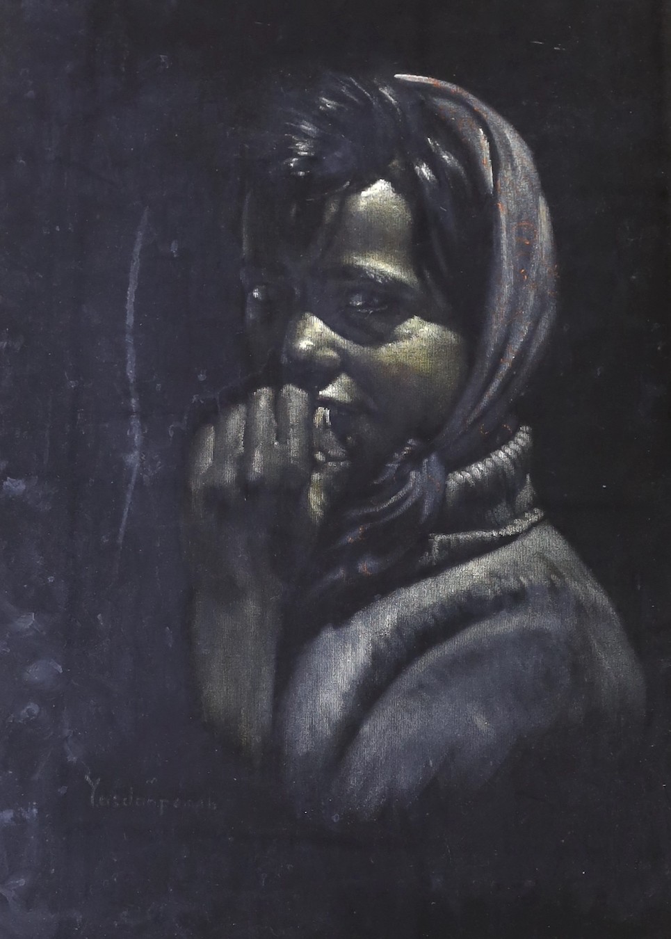 Yosdoapanab, oil on fabric, Portrait of a child wearing a headscarf, signed, 66 x 48cm